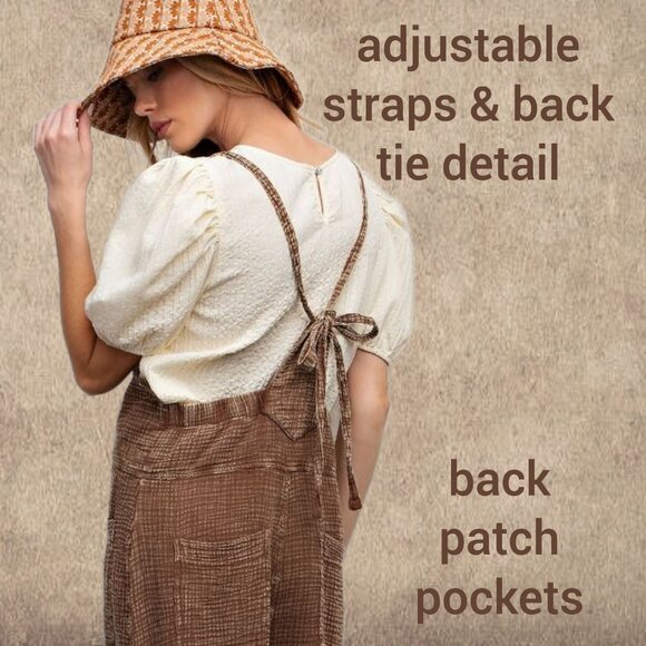 EASEL "Here I Am" Mineral Washed Wide Leg Jumpsuit Adjustable Tie Straps Pockets - Picture 13 of 16